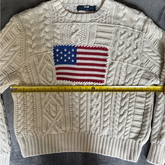 Po Ralph Lauren Aran Knit Flag Cotton Cream Sweater M - Picture 3 of 3